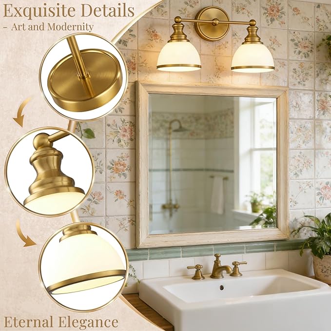 Hamilyeah 2-Light Gold Bathroom Vanity Light, Brushed Gold Wall Light Fixture with Milky White Glass Shades, Vintage Vanity Lighting for Bathroom, Powder Room, Bedroom, Hallway