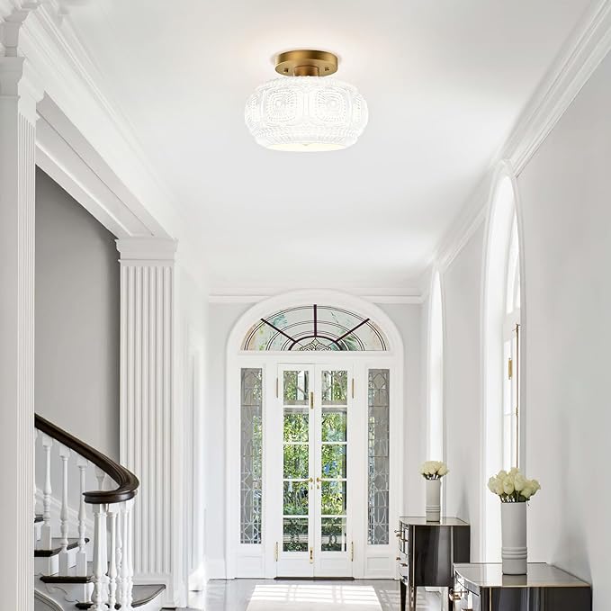 Semi Flush Mount Ceiling Light, Milk Glass Shade Modern Ceiling Light Fixture, Vintage Gold Lighting for Hallway Bedroom Entryway Kitchen Porch