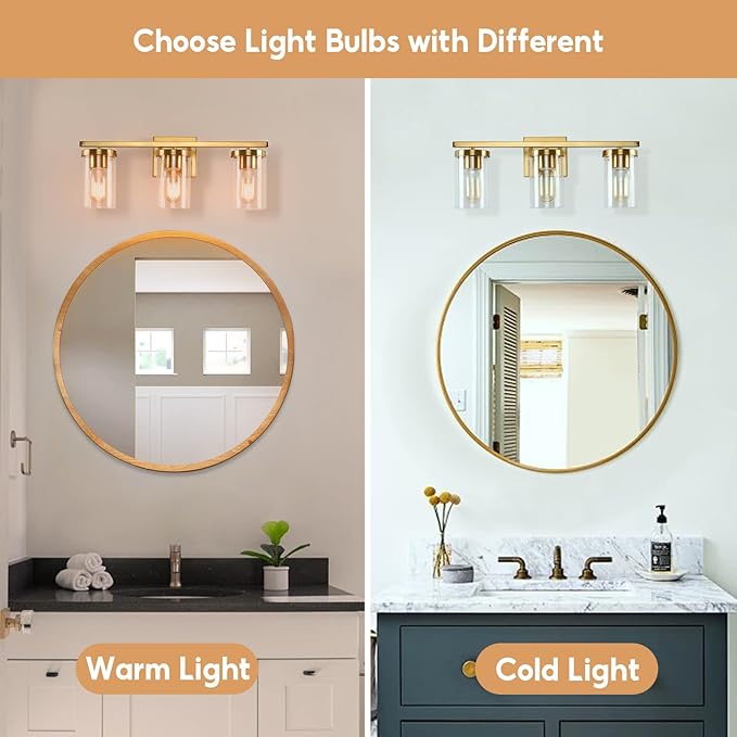 20in Bathroom Light Fixture Over Mirror, 3-Light Gold Vanity Lights with Clear Glass Shades, Modern Wall Sconces for Living Room, Bedroom, Hallway, E26 Base
