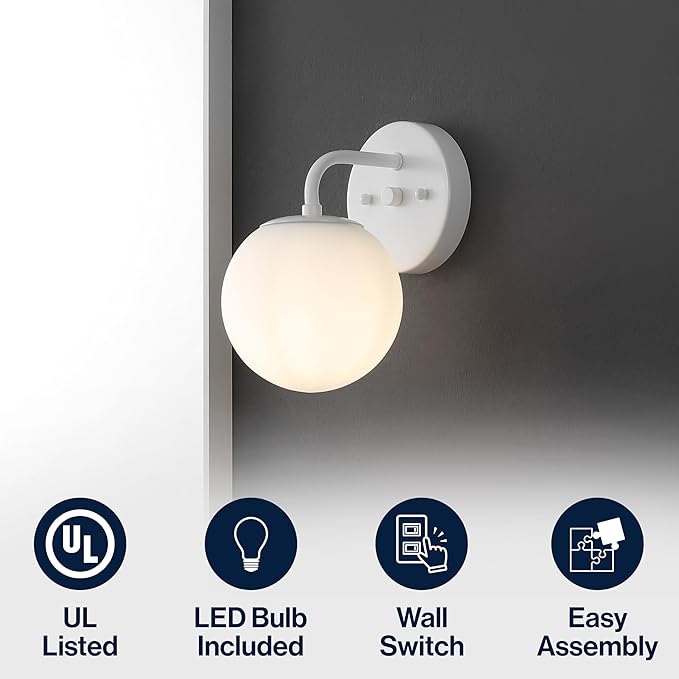 JONATHAN Y 5.75" White 1-Light Modern Globe Wall Sconce Vanity Light for Bathroom, White Frosted Glass Shade, Midcentury Parisian Bistro Wall Lamp, LED Bulb Included (JYL3534D)