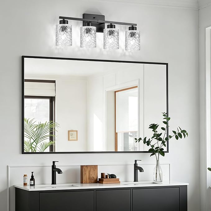 Black Bathroom Light Fixtures, 4-Light Modern Bathroom Vanity Wall Light, Vanity Lights for Mirror, Wall Sconces with Clear Textured Glass (E26 Socket, Bulbs Not Included)