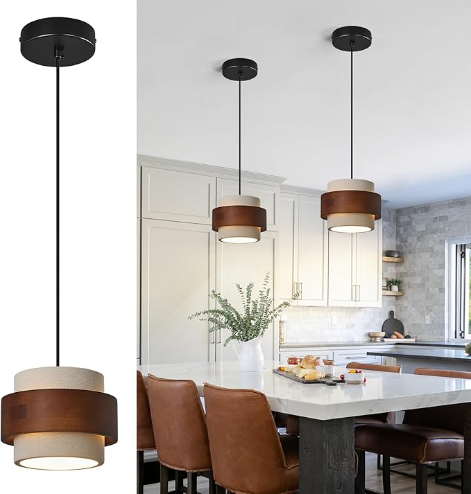 Modern Cement Pendant Light Fixture,Concrete Pendant Lights with Wood Accent,Vintage Farmhouse Chandelier for Kitchen Island Dining Room Living Room Bedroom Restaurant Cafe,(White 1-Pack)