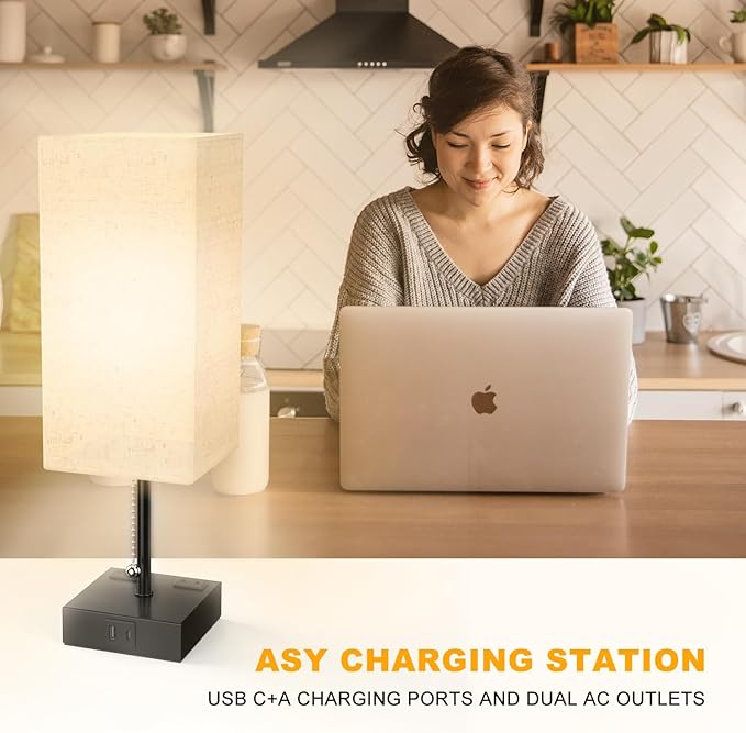 YIDPU Table Lamp for Bedroom with USB,Bedside Lamp with USB C+A Charging Ports,Adjustable 3color LED Light for Home Decor/Nightstand/Office,Included Bulb and Fabric Lamp Shade (Linen White, 1PCS)