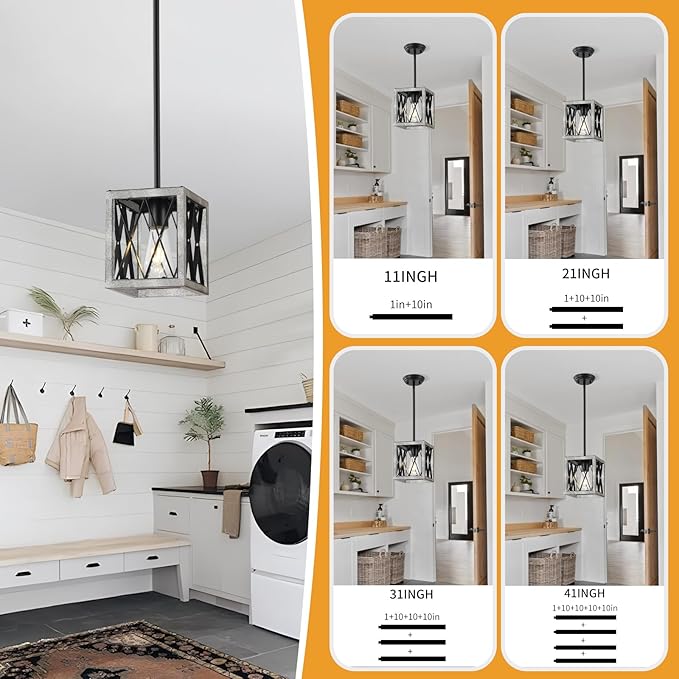 KEESFU Farmhouse Pendant Light with Metal Cage,1 Light Pendant Lighting for Kitchen Island,39 Inch Adjustable Rods for Flat and Slop Ceiling,Kitchen Island Hallway Foyer(2pack