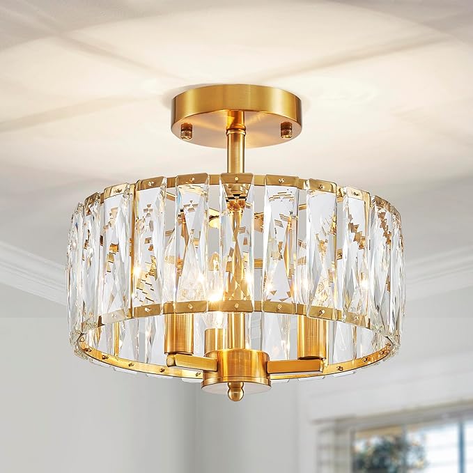 AGV LIGHTING CL003CO Crystal Semi Flush Mount Ceiling Light Fixture, E12 Base 3-Lights, D13 x H15, Copper Finish