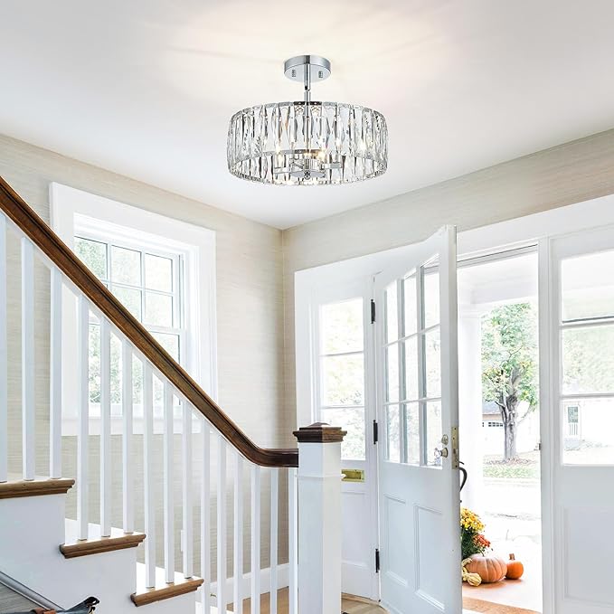 K9 Crystal Chandeliers, 4-Light Modern Pendant Light Fixture for Living Room, Dinning Room, D15 × H9~47inch(Adjustable Height), Chrome Finish Frame & K9 Crystal