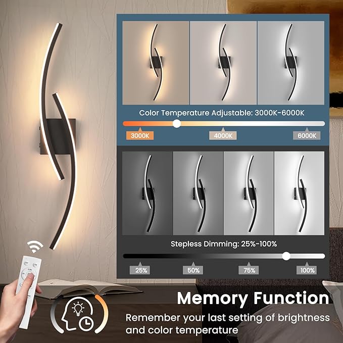 Battery Operated Wall Sconce Set of 2,Black Wall Sconces with Remote Control,3000K-6000K Modern LED Wireless Wall Light for Living Room, Hallway, Bedroom, 39.3 Inch (2 Pack)