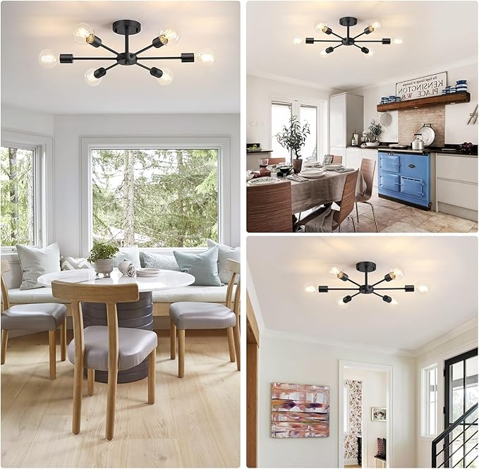 Lomoky 6-Lights Semi Flush Mount Ceiling Light, Matte Black Close to Ceiling Lighting with E26 Base, Modern Sputnik Light Fixtures for Kitchen Dining Room Bedroom Living Room