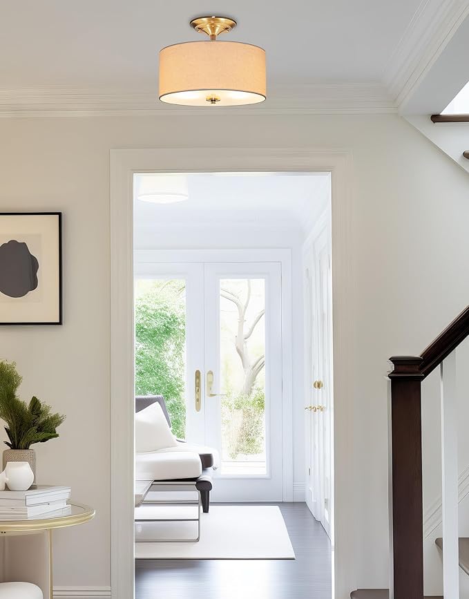 Kira Home Addison 13" Modern Drum Semi Flush Mount with Off-White Fabric Drum Shade, 2-Light Ceiling Light, Cool Brass Finish