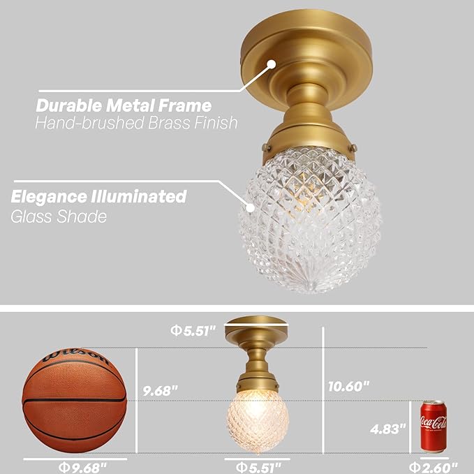 Schoolhouse Semi Flush Mount Ceiling Light, Brass Gold Close to Ceiling Light Fixtures with Hand-Blown Glass Shade Modern Hallway Ceiling Lamp for Laundry Entryway Kitchen Bathroom E26