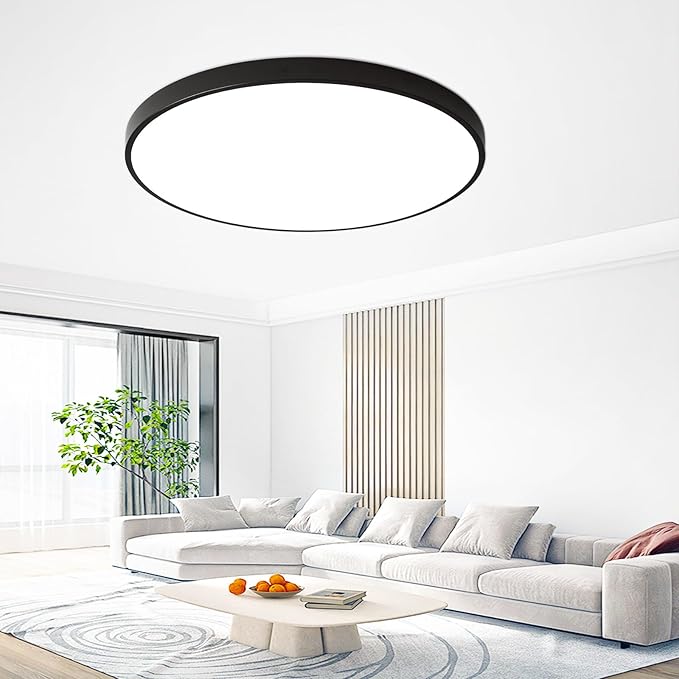 24 Inch Flush Mount Ceiling Light Fixture, Dimmable with Remote, 3000K-6500K Adjustable Color, 48W 4800Lm Ultra Thin Modern Round LED Ceiling Light, Black for Bedroom, Kitchen, Living Room