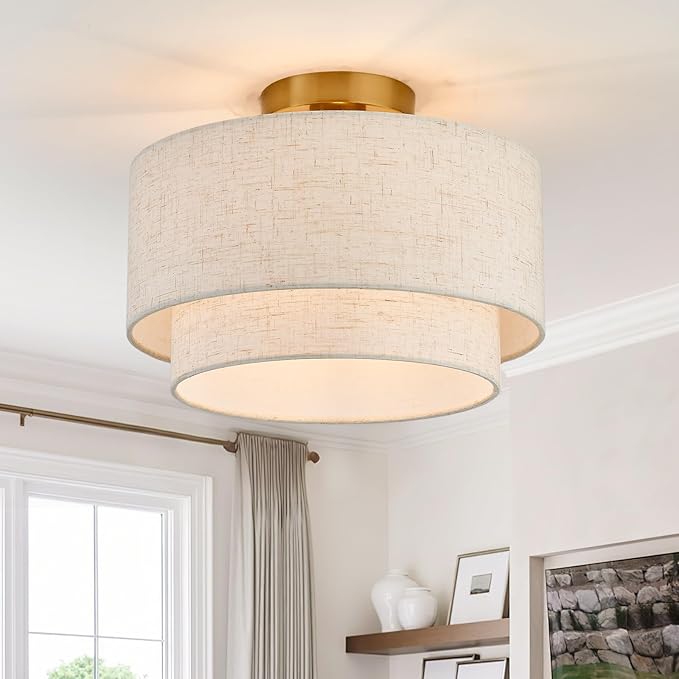 Flush Mount Ceiling Lights 12 Inch Fabric Light Fixtures 1-Light Modern Round Ceiling Light for Dining Room Kitchen Bedroom Foyer Hallway Entryway