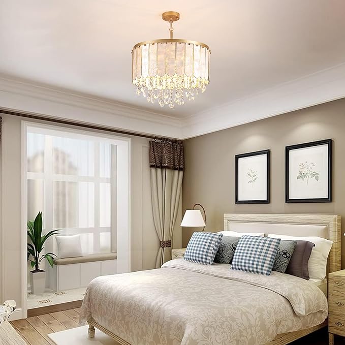 Gold Modern Capiz Shell Ceiling Light Fixture, 5-Light Drum Coastal Pendant Light with Crystals for Kitchen Island, Dining Room, Bedroom, Living Room, Bathroom, Foyer | 2-Tiered Flush Mount Chandelier