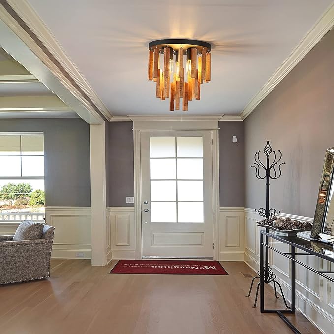 3-Light Semi Flush Mount Ceiling Lights Boho Wood Light Fixture Farmhouse Chandelier Oak and Black Ceiling Lighting with E26 for Kitchen Living Room Entryway Bedroom Dining Room