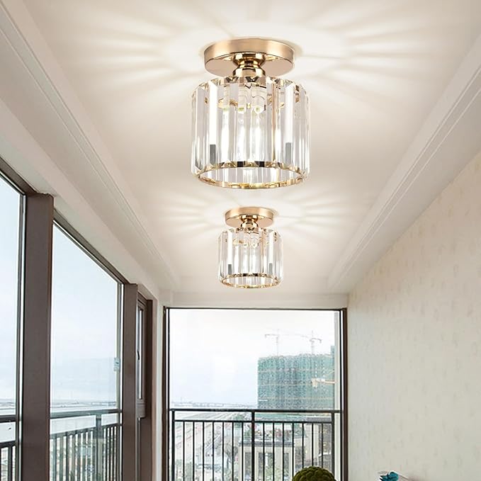 Semi Flush Mount Ceiling Light, Crystal Ceiling Light Gold Chandelier for Kitchen Hallway Entrance Balcony Dining Rooms Living Rooms Bar