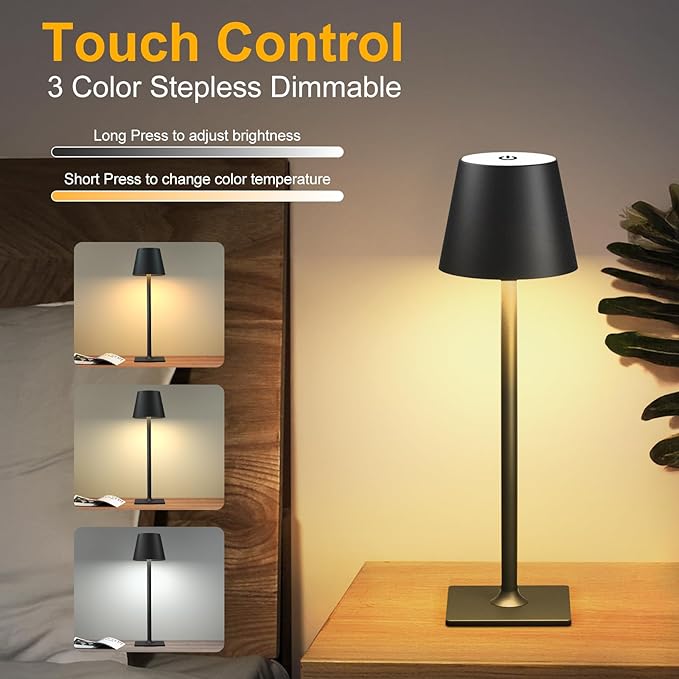 4 Pack Rechargeable Table Lamp - Cordless LED Lamp with 6000mAh Battery Operated LED Desk Lamp, Portable Table Light Outdoor for Dinner Patio Restaurant Bar Bedroom Coffee Shop Night Light(Black)