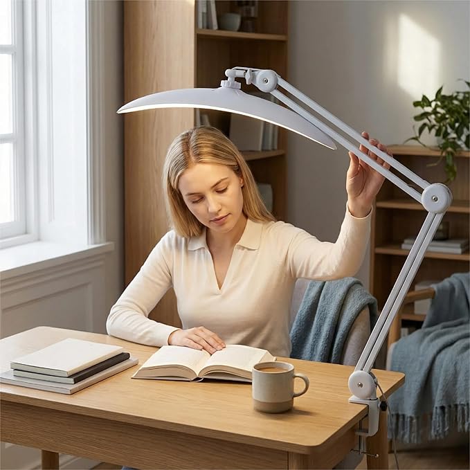 48W Eye-Caring LED Clip On Desk Lamp, 2700K/4200K/5600K with Remote, Curved Design for Focused Lighting, CRI 95+ for Nail, Crafting, Painting, Hobby & Computer