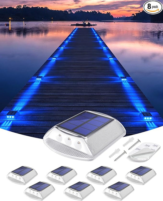 DetarZinLED Solar Driveway Lights Outdoor, 8 Pack IP68 Waterproof Dock Deck Lights Solar Powered, Stick on & Screw Blue Markers Light for Pathway, Walkway, Sidewalk, Patio, Pool Deck, Garage Entrance