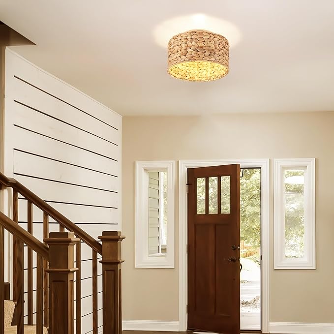 Boho Light Fixture Handwoven Rattan Semi-Flush Ceiling Light - 11.8ft Cord, 1-Light Eco-Friendly Bohemian Style for Bedroom/Kitchen/Farmhouse | Low-Carbon Rattan Woven Lighting