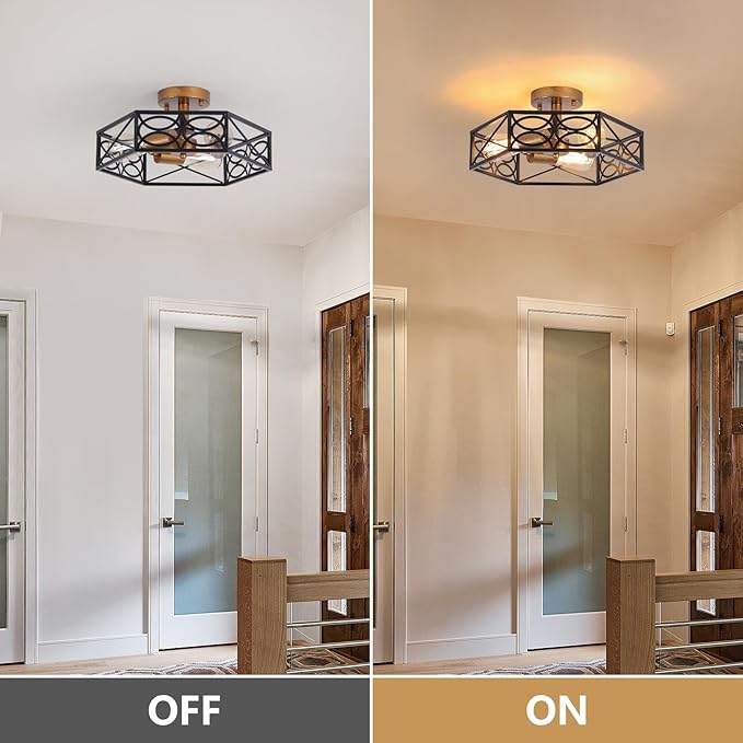 Industrial Semi Flush Mount Ceiling Light Fixture, Retro Gold Close to Ceiling Light with Black Metal Hexagon Cage, Vintage Farmhouse 3-Light Ceiling Lamp for Kitchen, Hallway, Bathroom