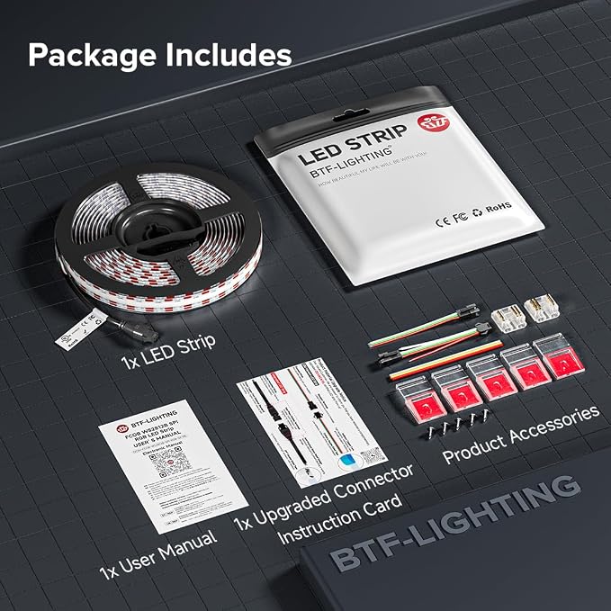 BTF-LIGHTING FCOB COB WS2812B IC RGB LED Strip DC5V 13.1FT Individual Addressable 160LED/m 640LEDs 640IC,UL Listed,Dream Color IP30 High Density Light 10mm Width for Decor(No Adapter or Controller)