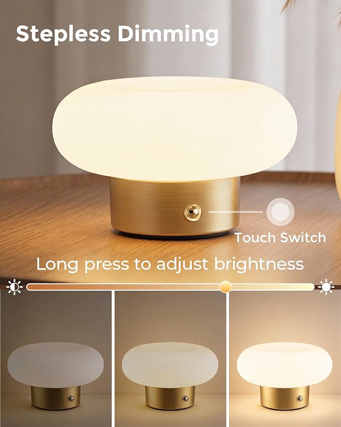 Cordless Table Lamp, Gold Rechargeable Battery Operated Lamp, Stepless Dimming Touch Lamp with Glass Lampshade for Bedroom, Living Room, Dining Table, Nightstand