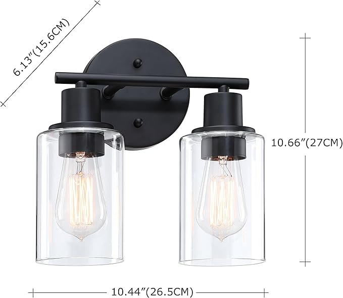 WISBEAM 2-Light Bathroom Vanity Light, Black Bathroom Light Fixtures with Clear Glass Shade Including E26 Medium Base, Bulb NOT Included, Vanity Light Over Mirror