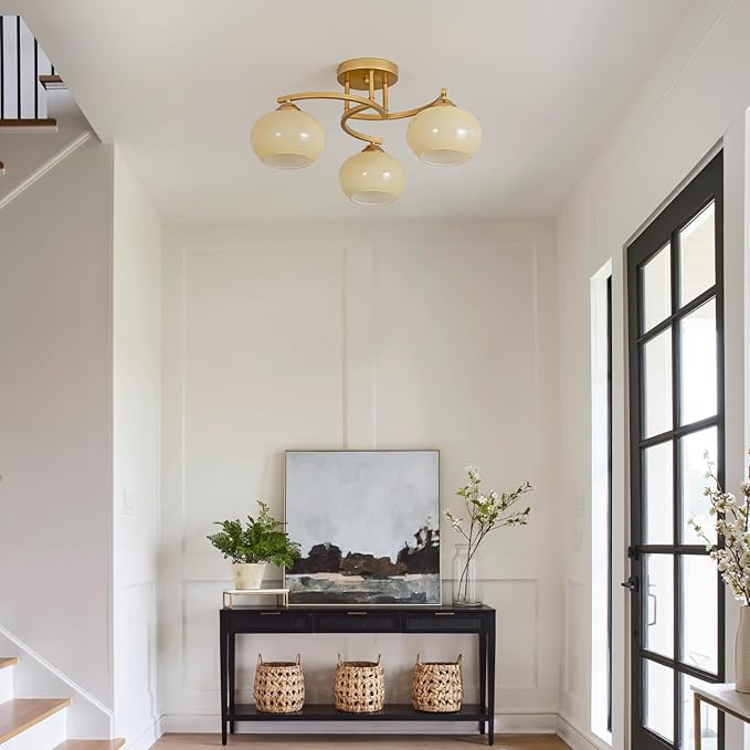 Semi Flush Mount Ceiling Light Fixture,Vintage Modern Gold Globe Sputnik Chandeliers 3-Light Mid Century Milk Glass Chandelier for Dining Room Kitchen Island Bedroom Living Room Entryway