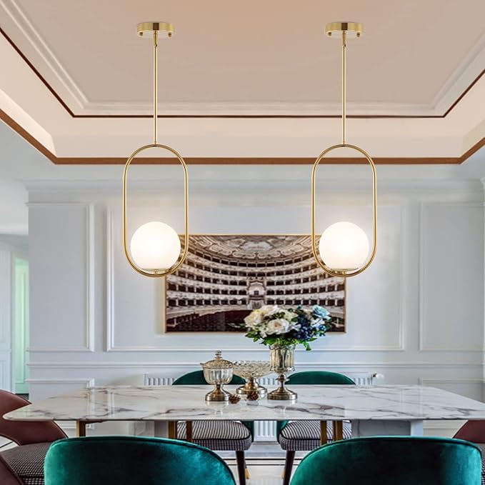 BYOLIIMA Modern Gold Globe Pendant Light Mid Century Chandelier 1-Light Brushed Brass Ceiling Hanging Lighting Fixture with White Globe Glass Shade for Kitchen Island Dining Room Bedroom