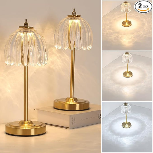 Shenmoyl Set of 2 Tulip Table Lamp with 5000mAh Battery & Touch Control, Cordless Table Lamp with 3 Colors, Dimmable Rechargeable Table Lamps for Bedroom, Living Room, Entryways (Transparent Tulip)