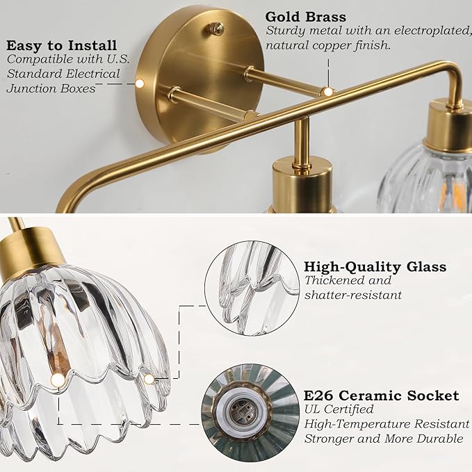 3-Light Gold Brass Bathroom Light Fixture with Clear Tulip Glass Shade,Wall Sconces,Vintage Vanlity Light Over Mirror,Bathroom Wall Light,E26 Socket(Bulbs Not Included)