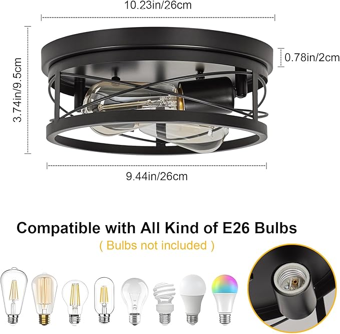 Farmhouse Ceiling Light Fixture Black Flush Mount Ceiling Light 2-Light Industrial Metal Cage Ceiling Lights for Hallway, Foyer, Kitchen, Dining Room Bedroom Living Room Laundry