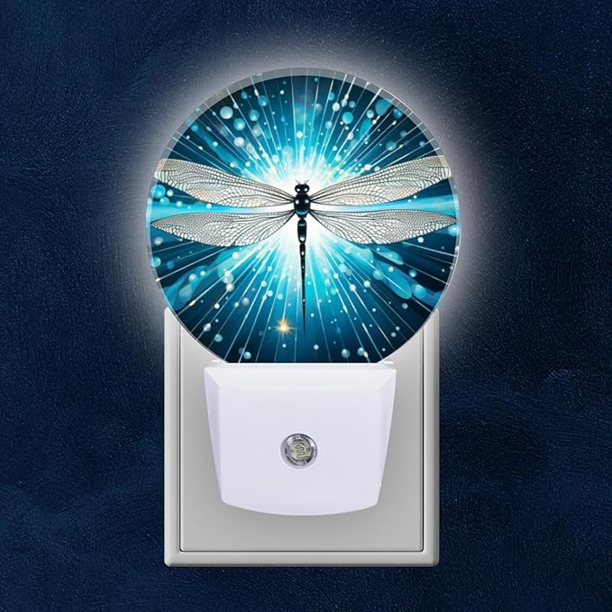 Round LED Night Lights Lamp with Dusk to Dawn Sensor, Dragonfly Shiny Abstract Night Light Plug Into Wall for Kids Room, Bedroom, Bathroom, Kitchen, Hallway