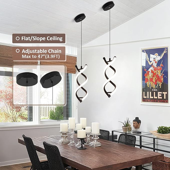 CANEOE Spiral Modern Led Pendant Light,3000K-6000K Dimmable Black LED Hanging Lamp, Adjustable Height Kitchen Island Light Fixture for Dining Room Bedroom Kitchen Sink (Black, Dimmable,3 Packs)