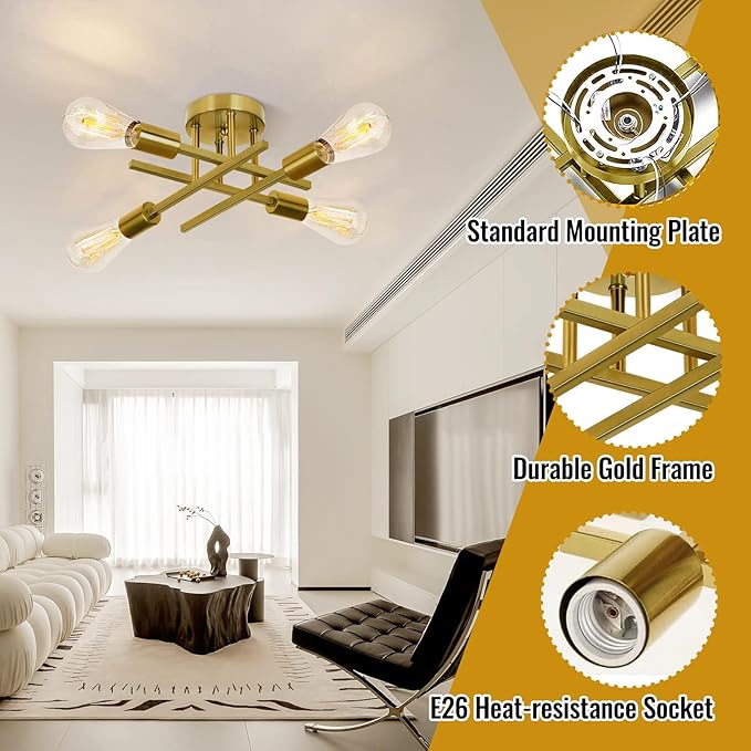 Ceiling Light, Dining Room Light Fixture with E26 Base, Semi Flush Mount Ceiling Light Fixture, Kitchen Lighting Fixtures Ceiling, 4-Light Matte Gold Chandelier for Bedroom