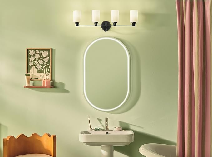 Kichler Gioe 4-Light Bathroom Vanity Light Fixture with Opal Glass in Black, Modern Wall Mount Over Mirror Lighting for Powder Room (32.25" W x 10.5" H), 55227BK