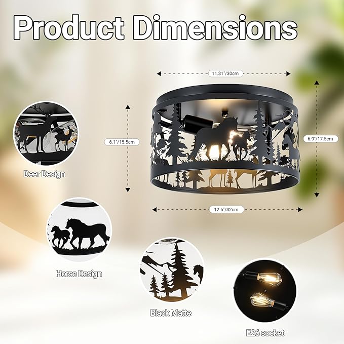 Farmhouse Rustic Ceiling Light Fixtures -Horse & Deer Design, 2-Light E26 Round Metal Fixture for Kitchen, Bedroom, Foyer, Entryway, Lodge (Bulbs Not Included)