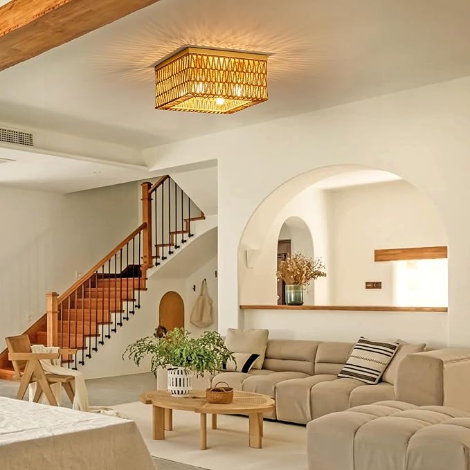 Rattan Ceiling Light, 4-Light Boho Light Fixture, Square Flush Mount Ceiling Light for Bedroom, Hallway, Entryway, Kitchen, Living Room