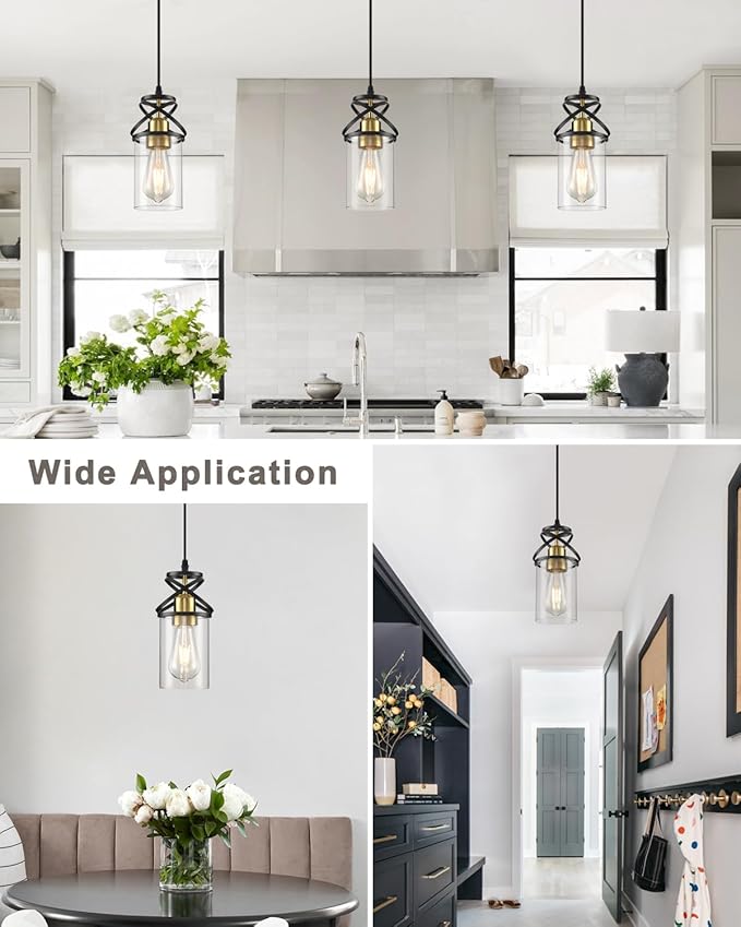 Modern Pendant Light Fixture, Black Gold Farmhouse Hanging Light for Kitchen Island, Industrial Clear Glass Pendant Lighting for Dining Room Bedroom, 3-Pack