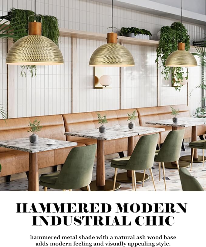 ELYONA 16 Inch Large Hammered Pendant Light Fixtures Ash Wood Vintage Dome Hanging Lamp Antique Gold Metal Kitchen Chandelier for Island, Farmhouse Dining Room Living Room Hallway Brushed Brass