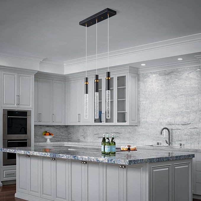 LMQNINE 3 Light Dining Room Light Fixtures Ceiling Dimmable LED Modern Black Kitchen Island Pendant Light with Bubble Crystal Pendant Light for Kitchen Island Bedroom Hallway Entryway (3-Light)