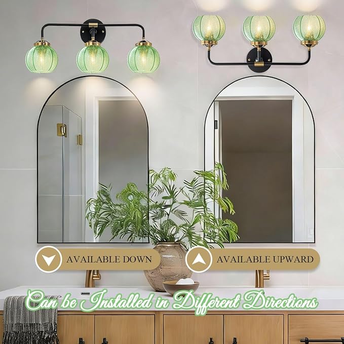 Bathroom Light Fixtures Vanity Wall 3-Light Coastal Vanity Lights Emerald Green Vintage Wall Lamp with Glass Globe Shade Modern Glass Wall Vanity Lighting for Mirror Kitchen Cabinet
