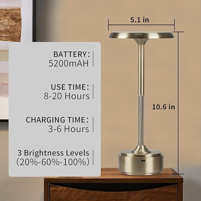 HAPYGI 5200mAh Rechargeable Cordless LED Table Lamps Touch Sensor Light, 3-Levels Portable Dimming Wireless Battery Operated Lamp,Night Light/Restaurant Table/Outdoor/Coffee/Bar (Sliver)