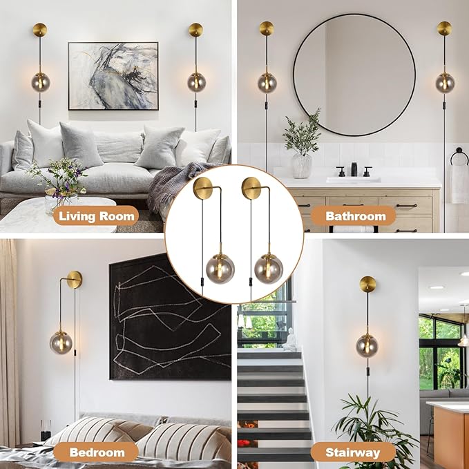 Wall Sconces Set of Two Plug in Wall Sconces 🔥🔥🔥 with Globe Smoke Grey Glass Shade Wall Lamp with Cord Wall Sconce Plug in Brushed Brass Gold Plug in Wall Sconces Set of 2 Plug in Wall Light Sconce