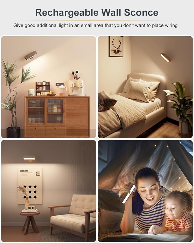 DetarZinLED Wooden Wall Sconce Battery Operated with Remote,Rechargeable Wall Lights for Bedroom with 3 Color Temperature, Magnetic, Stick-On, Dimmable Wall Reading Lights (Walnutwood, 2 Pack)