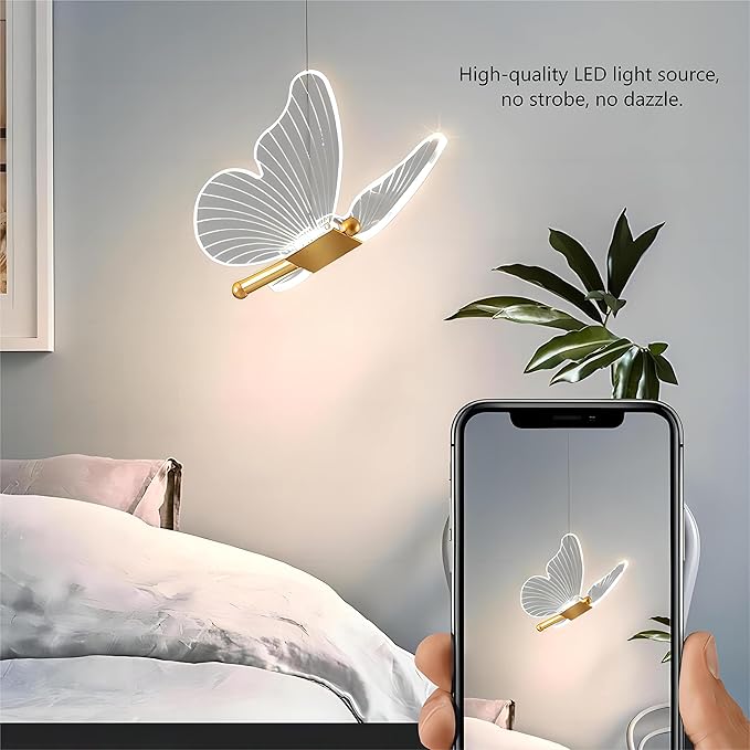 2 Lights Butterfly Black Pendant Light, 13.8 Inch LED Acrylic Hanging Lamp for Bedroom, Living Room, Kitchen Island (Black, Butterfly)