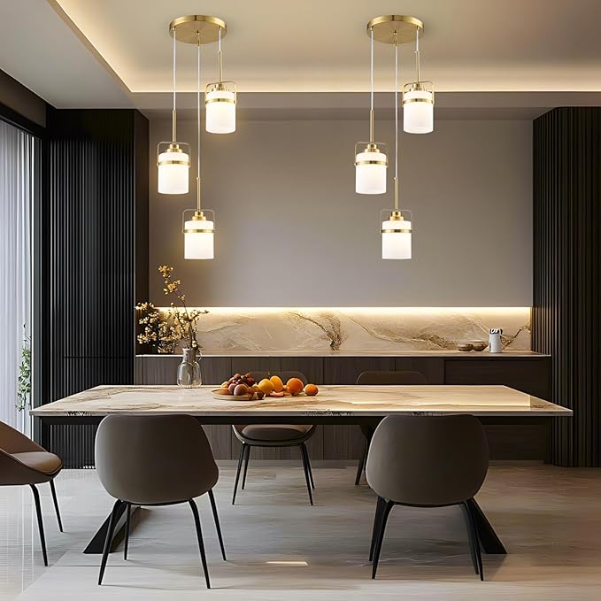 Brass 3-Light Pendant Lighting, Adjustable Cluster Hanging Light Fixture with Milk Glass Shade, Modern Pendant Light for Kitchen Island Dining Room Bar