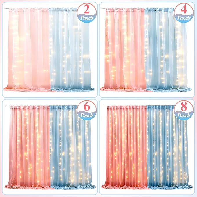 Ledido 10×8ft Pink Blue Tulle Backdrop Curtains with Lights String - 300LED Fairy Lights Sheer Curtain Backdrop for Gender Reveal Baby Shower Photo Shoot Birthday Party Decoration(2 Panels 5×8ft)