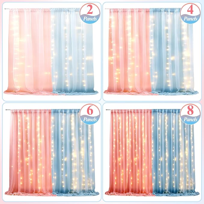 Ledido 10×10ft Pink Blue Tulle Backdrop Curtains with Lights String - 300LED Fairy Lights Sheer Curtain Backdrop for Gender Reveal Baby Shower Photo Shoot Birthday Party Decoration(2 Panels 5×10ft)