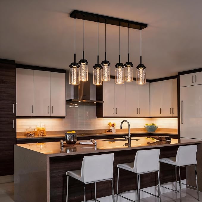 MELUCEE 7-Light Linear Kitchen Island Lighting Fixture, Dimmable Mordern LED Pendant Light with 5 Color Temperature, 30in Black Led Chandelier for Dining Room Kitchen Island, 3000K-6000K, 35W
